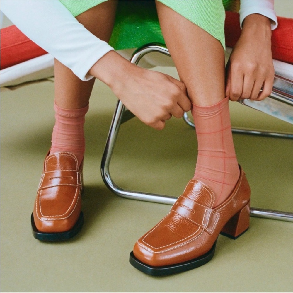 Labucq Kitty Tan Patent Cognac Loafer Square Toe Heel Size EU 37